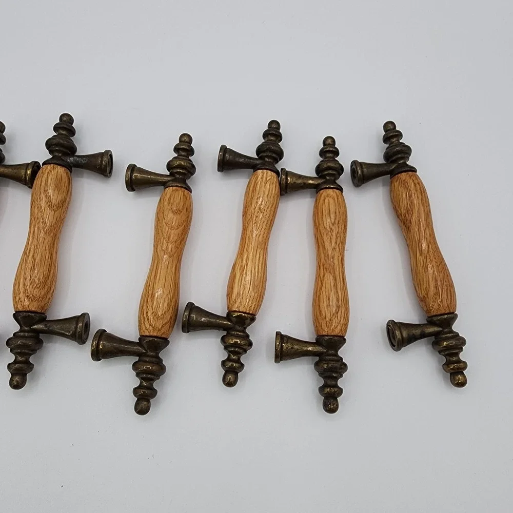 Vintage Salvaged Recycled‎ Wood & Brass Drawer Pulls Oak & Metal Cabinet Handles